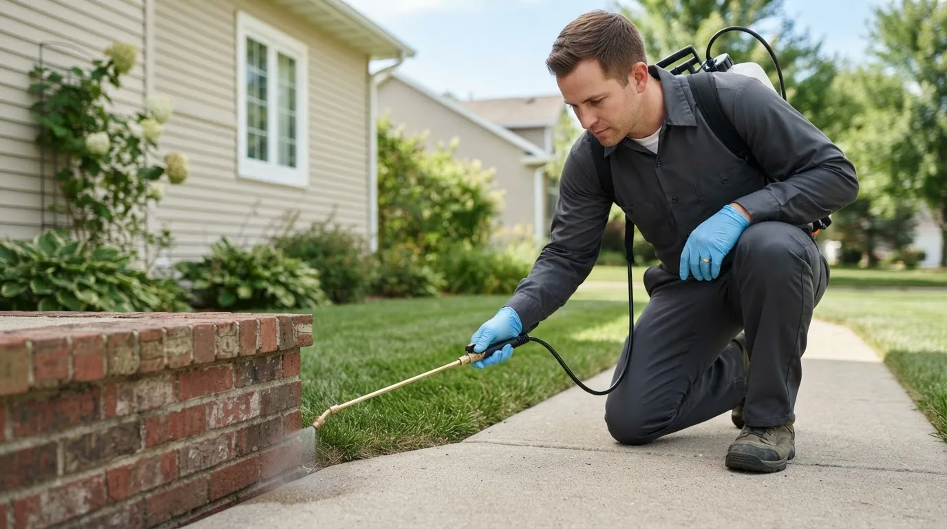 Pest control technician treating a home near Chandler, OK