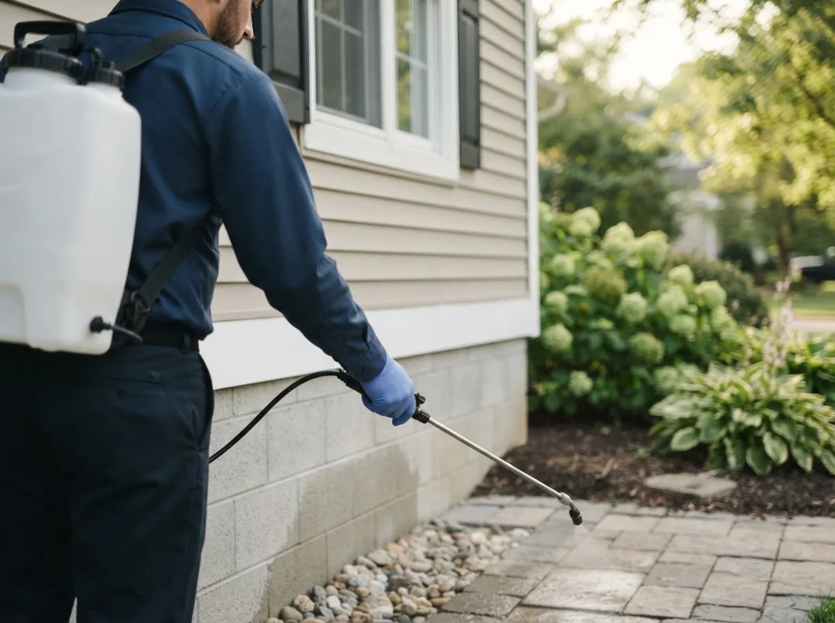 Pest control technician inspecting a home in Chandler, OK